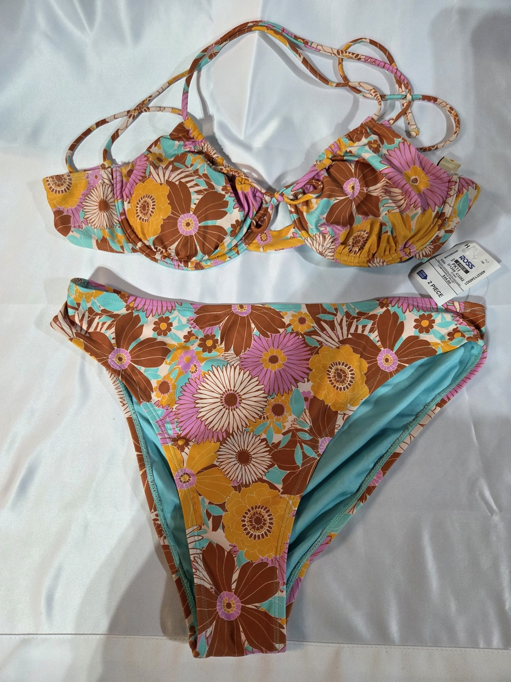 Retro Floral Two-Piece Bikini - Turquoise, Mustard & Brown